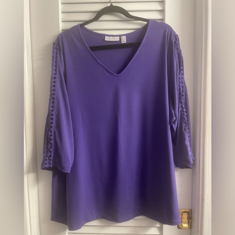 Susan Graver 2X 2XL Liquid Knit V-Neck Tunic 3/4 Sleeves w/Crocheted Cutouts